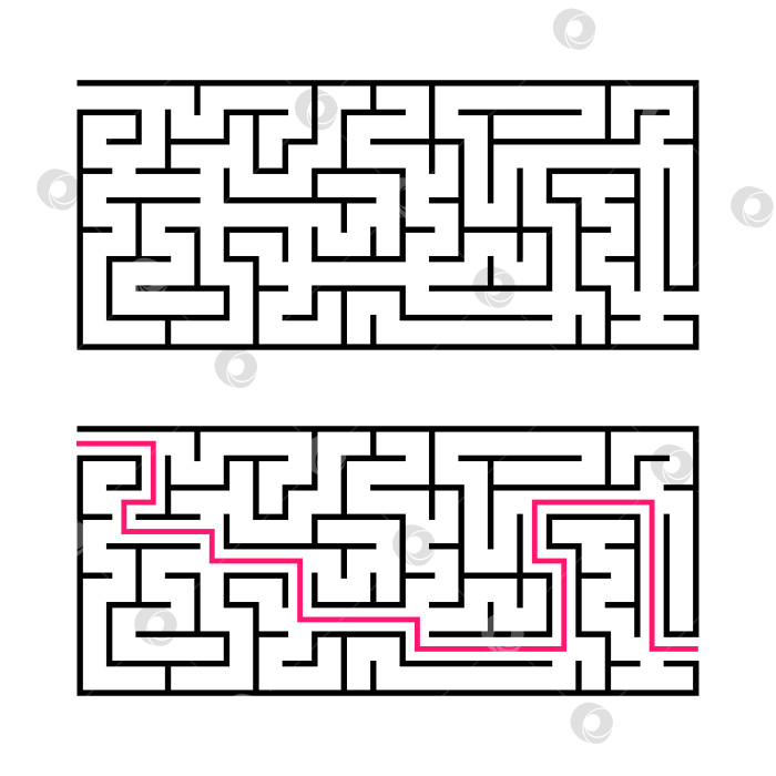 Скачать Прямоугольный лабиринт с черной обводкой. Игра для детей. Простая плоская векторная иллюстрация, выделенная на белом фоне. С ответом. фотосток Ozero