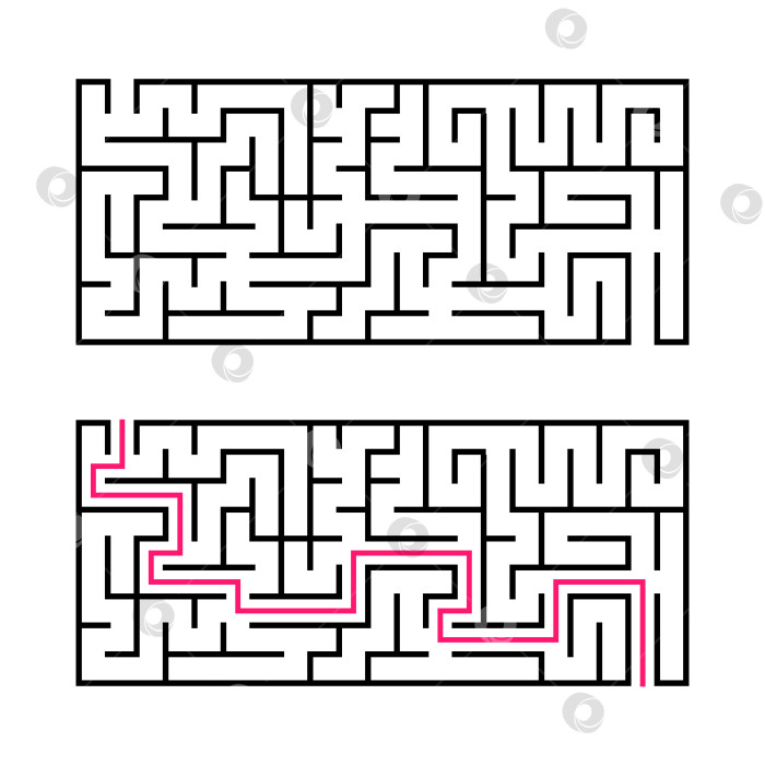 Скачать Прямоугольный лабиринт с черной обводкой. Игра для детей. Простая плоская векторная иллюстрация, выделенная на белом фоне. С ответом. фотосток Ozero