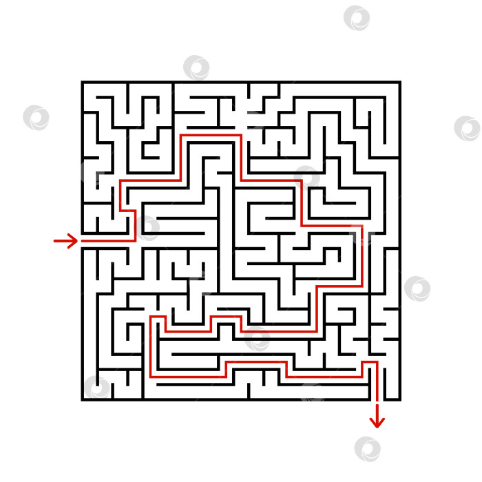 Скачать Черный квадратный лабиринт с входом и выходом. Игра для детей и взрослых. Простая плоская векторная иллюстрация, выделенная на белом фоне. С ответом. фотосток Ozero