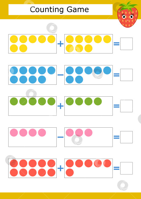 Скачать Счетная игра для детей дошкольного возраста. Изучение математики. Сложение и вычитание. Цветные круги. С местом для ответов. Простая плоская изолированная векторная иллюстрация. фотосток Ozero