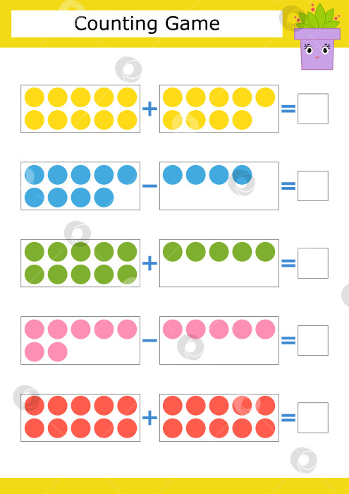 Скачать Счетная игра для детей дошкольного возраста. Изучение математики. Сложение и вычитание. Цветные круги. С местом для ответов. Простая плоская изолированная векторная иллюстрация. фотосток Ozero