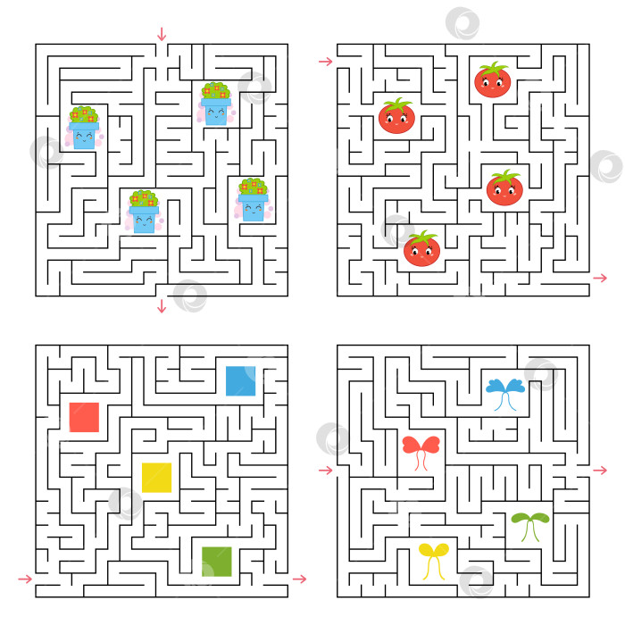 Скачать Набор из четырех квадратных лабиринтов. Соберите все предметы и найдите выход из лабиринта. Интересная игра для детей. Простая плоская векторная иллюстрация. фотосток Ozero