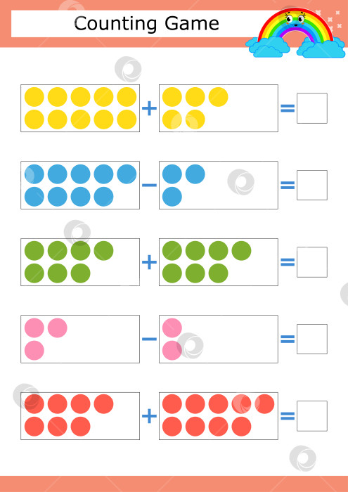 Скачать Счетная игра для детей дошкольного возраста. Изучение математики. Сложение и вычитание. Цветные круги. С местом для ответов. Простая плоская изолированная векторная иллюстрация. фотосток Ozero