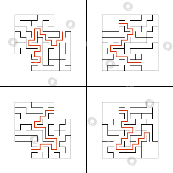 Скачать Набор абстрактных квадратных лабиринтов. Игра для детей. Простая плоская векторная иллюстрация на белом фоне. С местом для ваших рисунков. С ответом фотосток Ozero