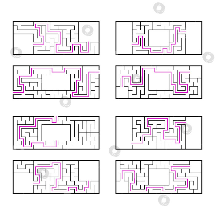 Скачать Набор прямоугольных лабиринтов для детей. Игра-головоломка. Простая плоская векторная иллюстрация, выделенная на белом фоне. С правильным ответом. фотосток Ozero