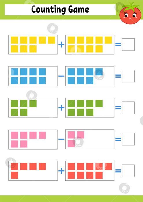 Скачать Счетная игра для дошкольников. Развивающая математическая игра на сложение и вычитание. Активный рабочий лист для детей. Яркая векторная иллюстрация фотосток Ozero