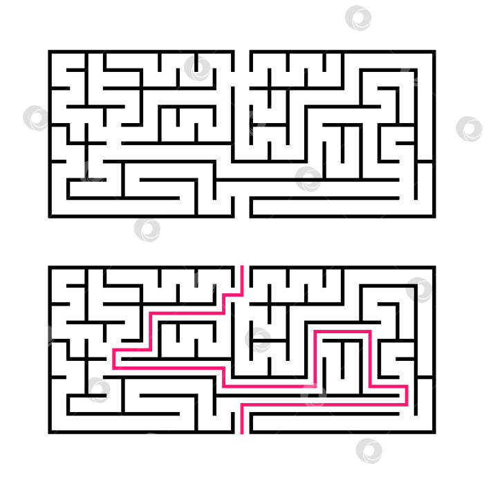 Скачать Прямоугольный лабиринт с черной обводкой. Игра для детей. Простая плоская векторная иллюстрация, выделенная на белом фоне. С ответом. фотосток Ozero