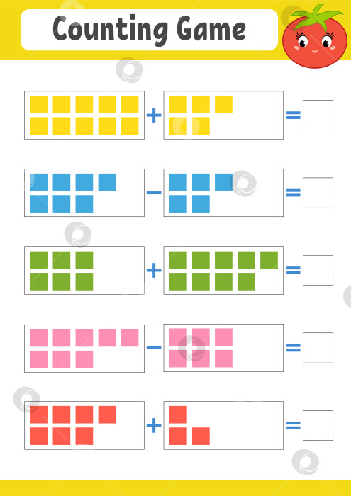 Скачать Игра в счет для детей. Сложение и вычитание. Рабочий лист с упражнениями. Простая плоская векторная иллюстрация с симпатичным персонажем. С местом для написания ответов. фотосток Ozero