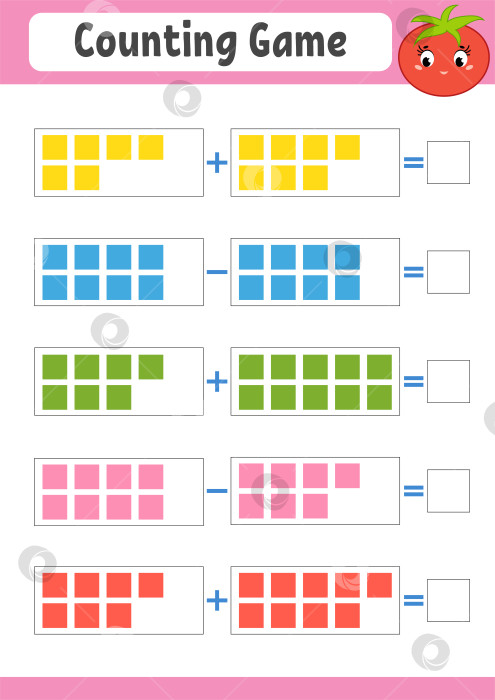 Скачать Игра в счет для детей. Сложение и вычитание. Рабочий лист с упражнениями. Простая плоская векторная иллюстрация с симпатичным персонажем. С местом для написания ответов. фотосток Ozero