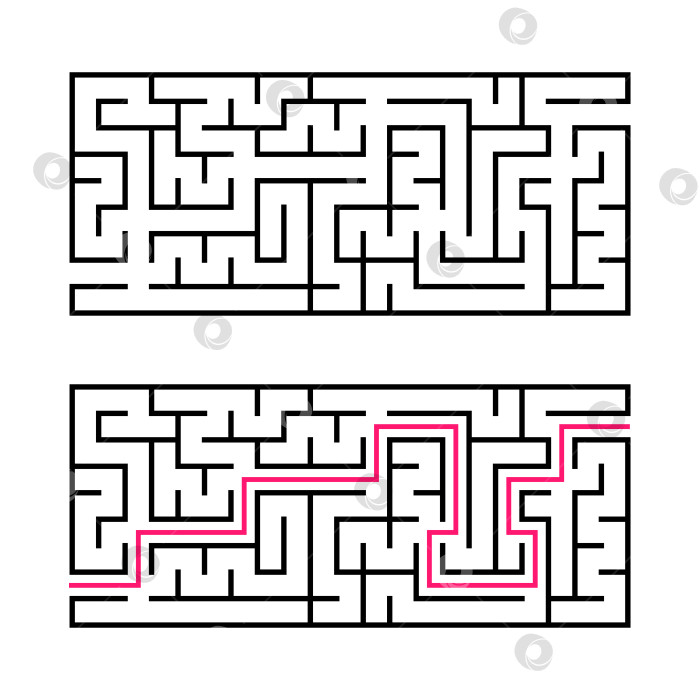 Скачать Прямоугольный лабиринт с черной обводкой. Игра для детей. Простая плоская векторная иллюстрация, выделенная на белом фоне. С ответом. фотосток Ozero