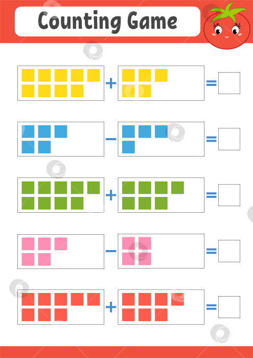 Скачать Игра в счет для детей. Сложение и вычитание. Рабочий лист с упражнениями. Простая плоская векторная иллюстрация с симпатичным персонажем. С местом для написания ответов. фотосток Ozero