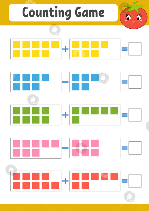 Скачать Игра в счет для детей. Сложение и вычитание. Рабочий лист с упражнениями. Простая плоская векторная иллюстрация с симпатичным персонажем. С местом для написания ответов. фотосток Ozero