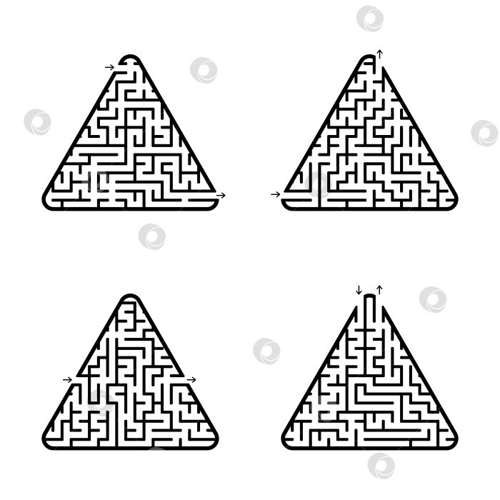 Скачать Абстрактный треугольный лабиринт. Черный цвет на белом фоне. Набор из четырех вариантов. Интересная игра для детей. Векторная иллюстрация. фотосток Ozero