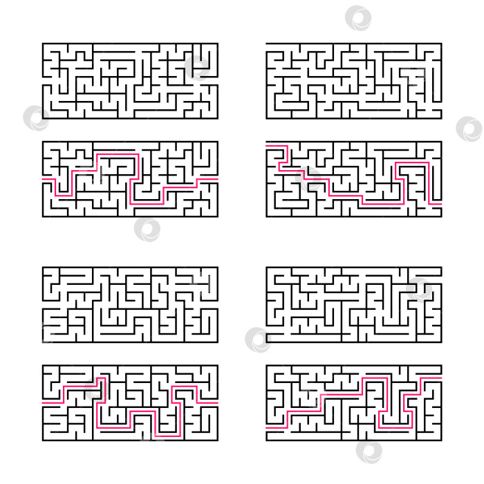 Скачать Набор из четырех прямоугольных лабиринтов. Игра для детей. Простая плоская векторная иллюстрация, выделенная на белом фоне. С ответом. фотосток Ozero