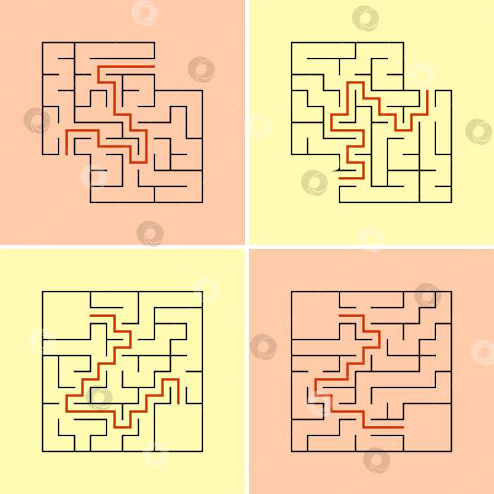 Скачать Набор абстрактных квадратных лабиринтов. Игра для детей. Простая плоская векторная иллюстрация, выделенная на цветном фоне. С местом для ваших рисунков. С ответом фотосток Ozero