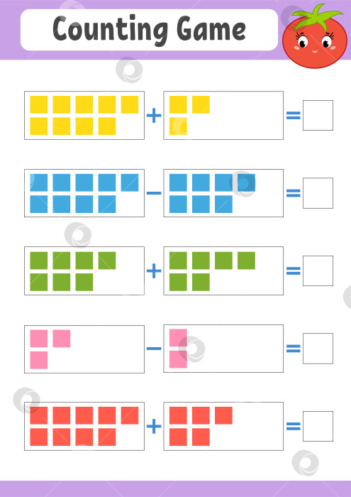 Скачать Игра в счет для детей. Сложение и вычитание. Рабочий лист с упражнениями. Простая плоская векторная иллюстрация с симпатичным персонажем. С местом для написания ответов. фотосток Ozero