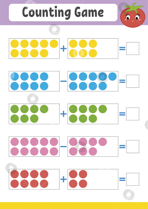 Скачать Счетная игра для дошкольников. Развивающая математическая игра на сложение и вычитание. Активный рабочий лист для детей. Яркая векторная иллюстрация фотосток Ozero