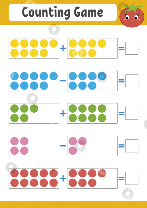 Скачать Счетная игра для дошкольников. Развивающая математическая игра на сложение и вычитание. Активный рабочий лист для детей. Яркая векторная иллюстрация фотосток Ozero