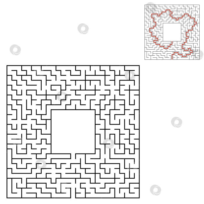 Скачать Черный квадратный лабиринт с входом и выходом. Интересная и полезная игра для детей. Простая плоская векторная иллюстрация, выделенная на белом фоне. С местом для ваших рисунков. С ответом. фотосток Ozero