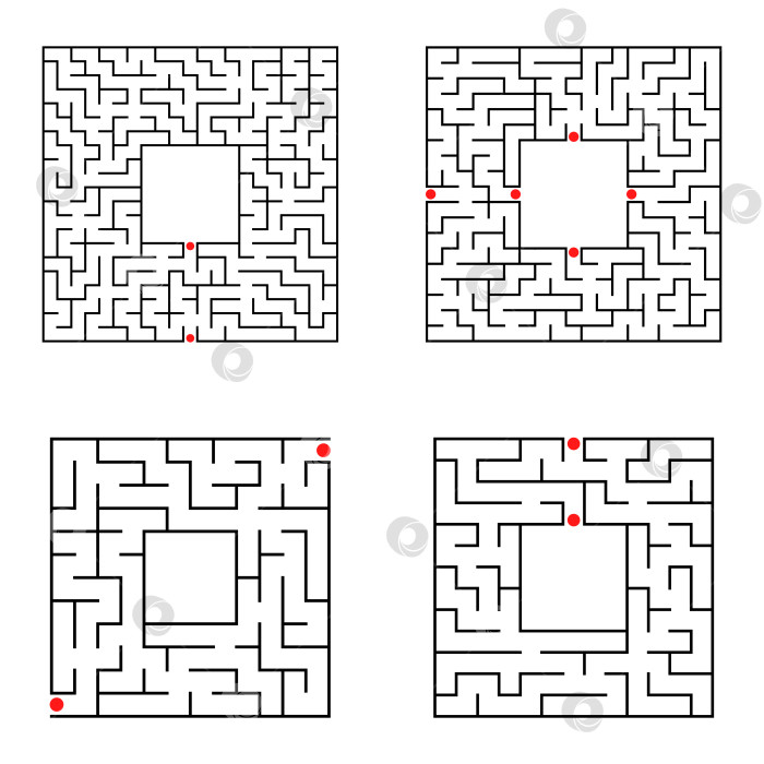Скачать Черный абстрактный квадратный лабиринт с местом для вашего изображения. Набор из четырех головоломок. Интересная и полезная игра для детей. Простая плоская векторная иллюстрация, выделенная на белом фоне. фотосток Ozero
