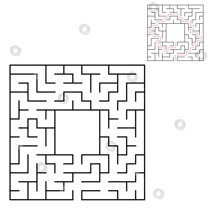Скачать Черный квадратный лабиринт с входом и выходом. Интересная и полезная игра для детей. Простая плоская векторная иллюстрация, выделенная на белом фоне. С местом для ваших рисунков. С ответом. фотосток Ozero