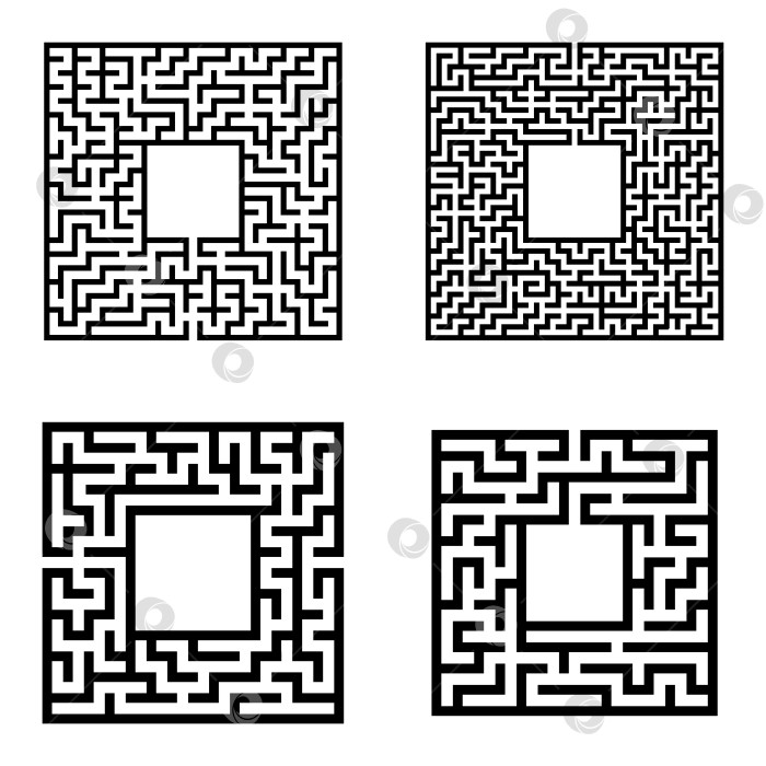 Скачать Черный абстрактный квадратный лабиринт с местом для вашего изображения. Набор из четырех головоломок. Интересная и полезная игра для детей. Простая плоская векторная иллюстрация, выделенная на белом фоне. фотосток Ozero