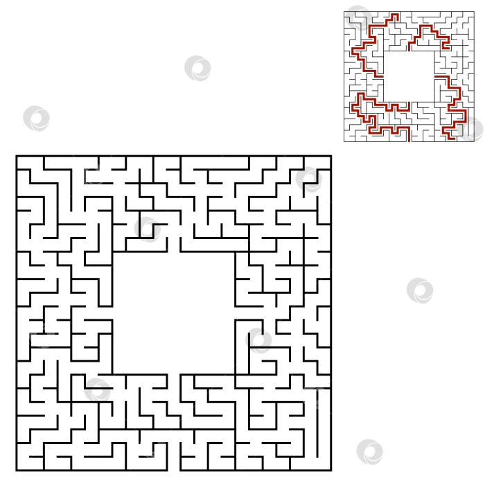 Скачать Черный квадратный лабиринт с входом и выходом. Интересная и полезная игра для детей. Простая плоская векторная иллюстрация, выделенная на белом фоне. С местом для ваших рисунков. С ответом. фотосток Ozero