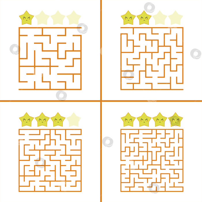 Скачать Набор цветных квадратных лабиринтов для детей. Игра-головоломка. Простая плоская векторная иллюстрация, выделенная на белом фоне. фотосток Ozero