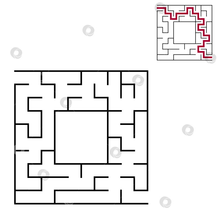 Скачать Черный квадратный лабиринт с входом и выходом. Интересная и полезная игра для детей. Простая плоская векторная иллюстрация, выделенная на белом фоне. С местом для ваших рисунков. С ответом. фотосток Ozero