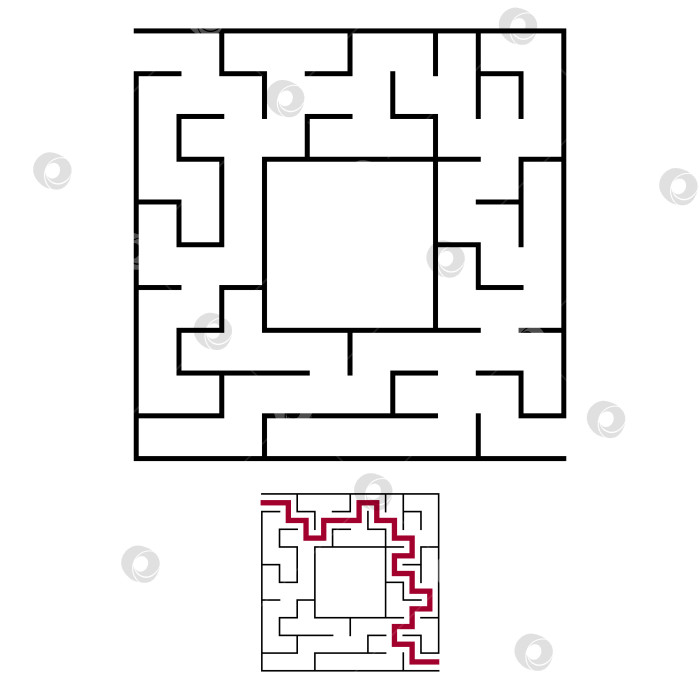 Скачать Черный квадратный лабиринт с входом и выходом. Интересная и полезная игра для детей. Простая плоская векторная иллюстрация, выделенная на белом фоне. С местом для ваших рисунков. С ответом. фотосток Ozero