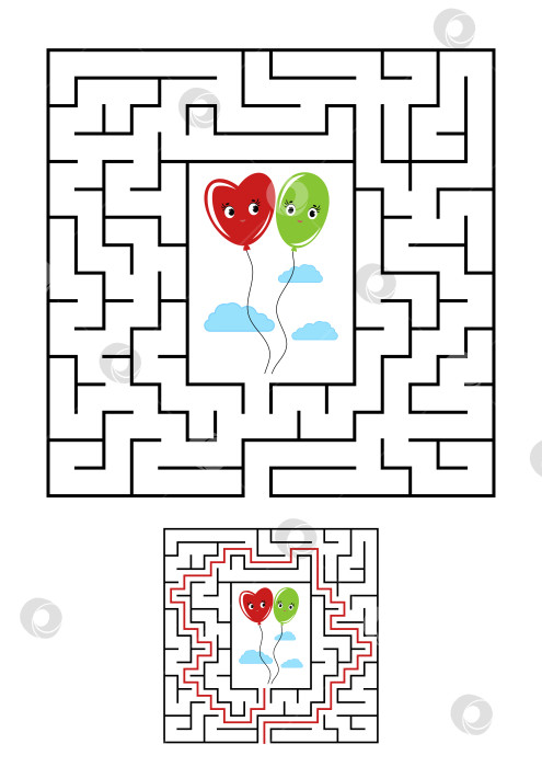 Скачать Абстрактный квадратный лабиринт. Игра для детей. Головоломка для детей. Один вход, один выход. Головоломка-лабиринт. Векторная иллюстрация на белом фоне с изображением мультфильма. С ответом. фотосток Ozero