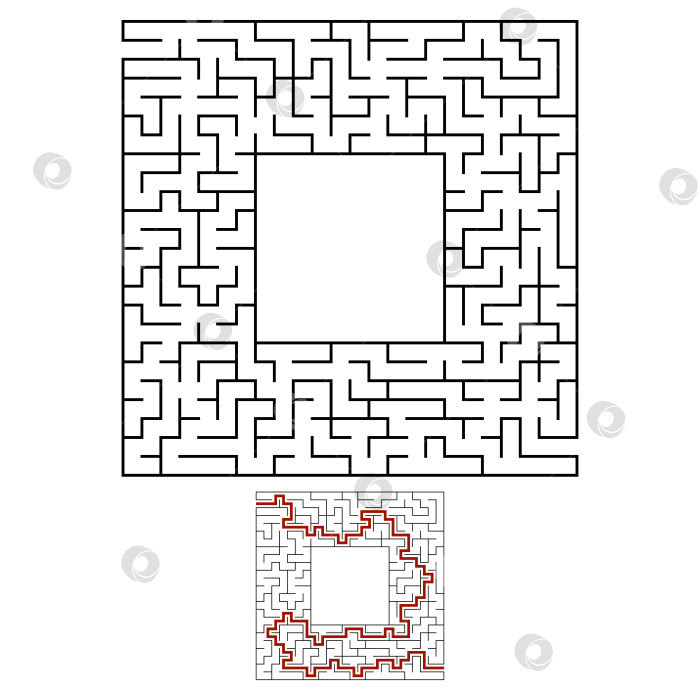 Скачать Черный квадратный лабиринт с входом и выходом. Интересная и полезная игра для детей. Простая плоская векторная иллюстрация, выделенная на белом фоне. С местом для ваших рисунков. С ответом. фотосток Ozero
