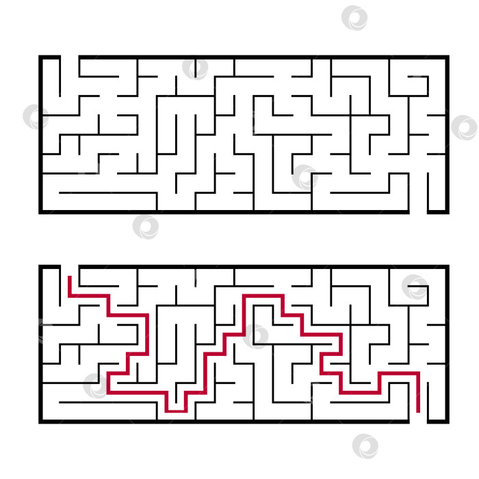 Скачать Черный прямоугольный лабиринт с входом и выходом. Интересная и полезная игра для детей. Простая плоская векторная иллюстрация, выделенная на белом фоне. С ответом. фотосток Ozero