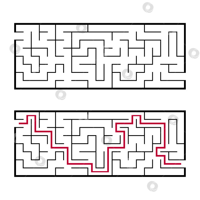 Скачать Черный прямоугольный лабиринт с входом и выходом. Интересная и полезная игра для детей. Простая плоская векторная иллюстрация, выделенная на белом фоне. С ответом. фотосток Ozero