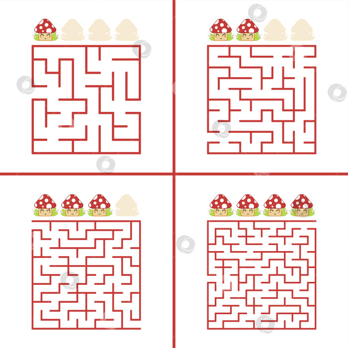 Скачать Набор цветных квадратных лабиринтов для детей. Игра-головоломка. Простая плоская векторная иллюстрация, выделенная на белом фоне. фотосток Ozero