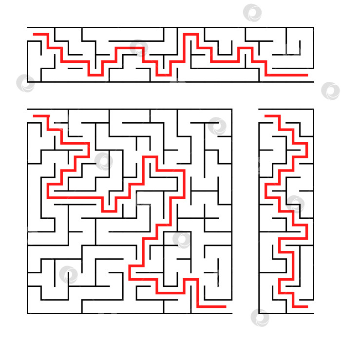 Скачать Черный абстрактный лабиринт. Набор из трех головоломок. Интересная и полезная игра для детей. С ответом. Простая плоская векторная иллюстрация, выделенная на белом фоне. фотосток Ozero