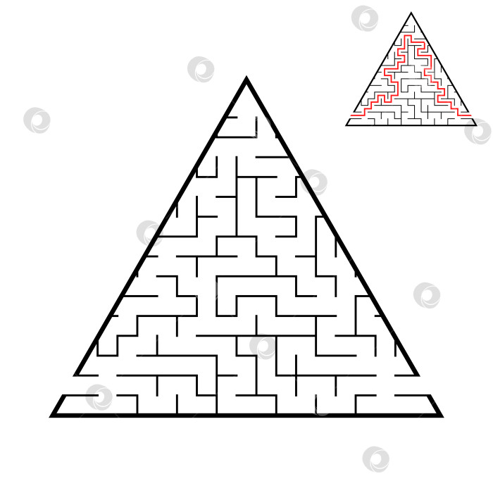 Скачать Абстрактный треугольный лабиринт с входом и выходом. Интересная и полезная игра для детей. Простая плоская векторная иллюстрация, выделенная на белом фоне. С ответом. фотосток Ozero