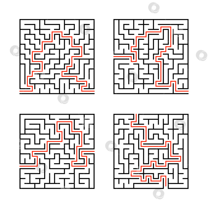 Скачать Набор квадратных лабиринтов. Игра для детей. Головоломка для детей. Головоломка-лабиринт. Плоская векторная иллюстрация, изолированная на белом фоне. С ответом. фотосток Ozero