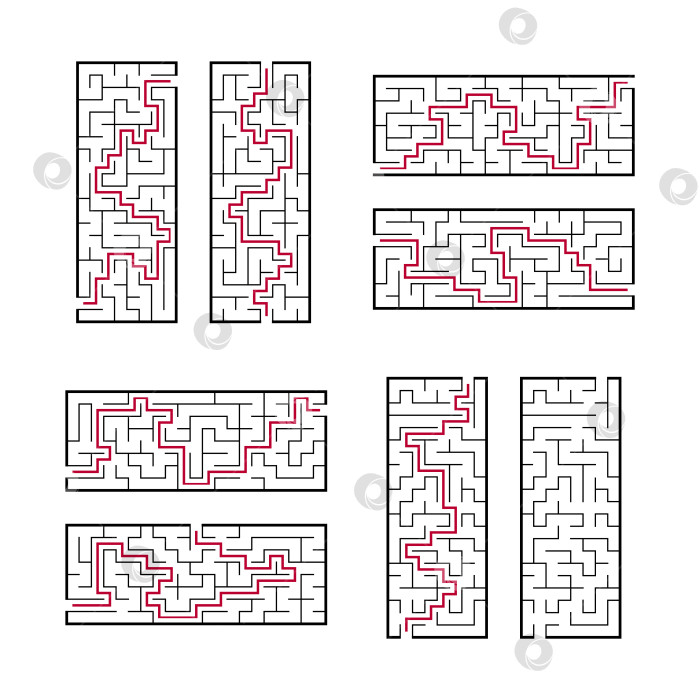 Скачать Набор прямоугольных лабиринтов. Игра для детей. Головоломка для детей. Один вход, один выход. Головоломка-лабиринт. Плоская векторная иллюстрация, изолированная на белом фоне. С ответом. фотосток Ozero