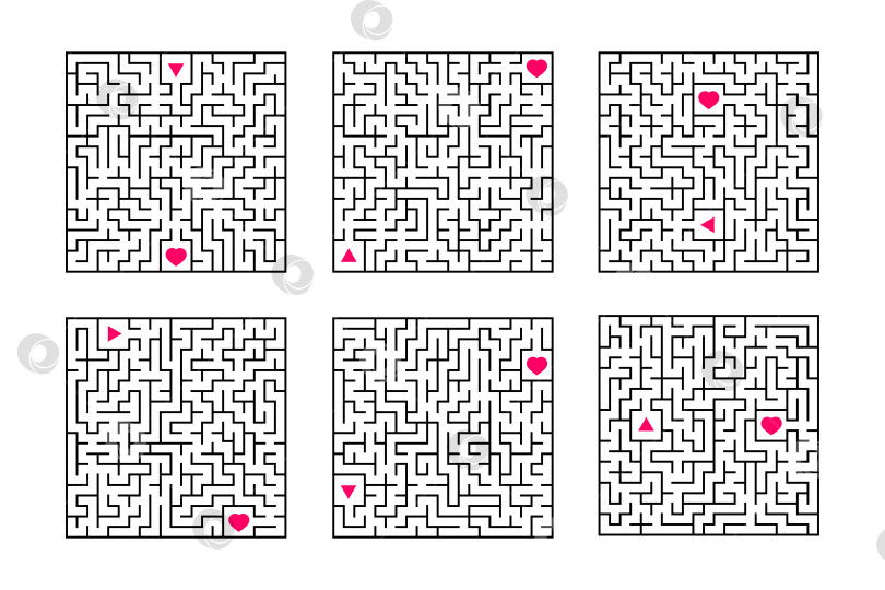 Скачать Набор квадратных лабиринтов. Игра для детей. Головоломка для детей. Один вход, один выход. Головоломка-лабиринт. Плоская векторная иллюстрация, изолированная на белом фоне. фотосток Ozero