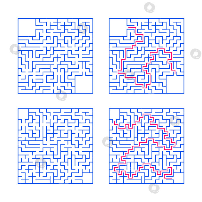 Скачать Набор квадратных лабиринтов. Игра для детей. Головоломка для детей. Один вход, один выход. Головоломка-лабиринт. Плоская векторная иллюстрация, изолированная на белом фоне. С ответом. С местом для вашего изображения. фотосток Ozero