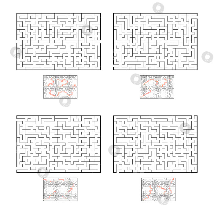 Скачать Набор прямоугольных лабиринтов. Игра для детей. Головоломка для детей. Головоломка-лабиринт. Плоская векторная иллюстрация, изолированная на белом фоне. С ответом. фотосток Ozero