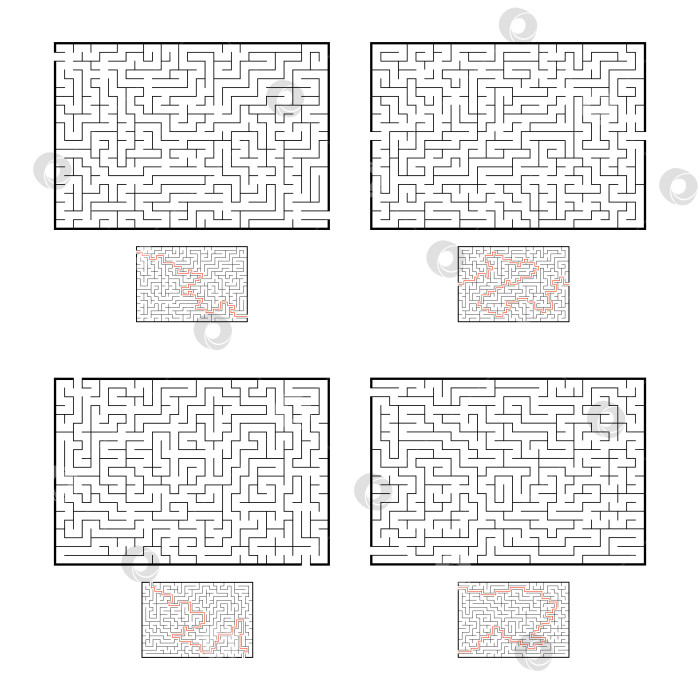 Скачать Набор прямоугольных лабиринтов. Игра для детей. Головоломка для детей. Головоломка-лабиринт. Плоская векторная иллюстрация, изолированная на белом фоне. С ответом. фотосток Ozero