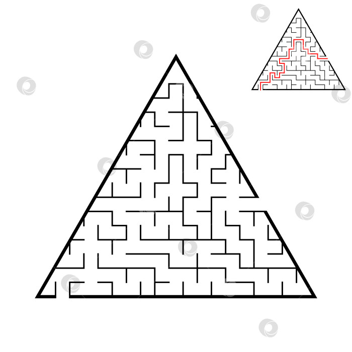 Скачать Абстрактный треугольный лабиринт с входом и выходом. Интересная и полезная игра для детей. Простая плоская векторная иллюстрация, выделенная на белом фоне. С ответом. фотосток Ozero