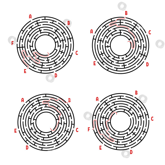 Скачать Набор круглых лабиринтов. Игра для детей. Головоломка для детей. Головоломка-лабиринт. Плоская векторная иллюстрация, изолированная на белом фоне. С ответом. фотосток Ozero