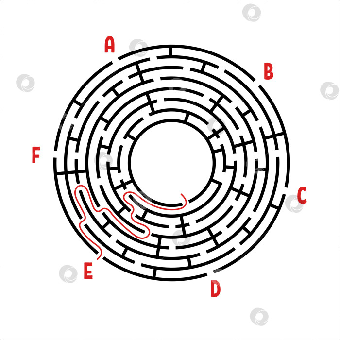 Скачать Абстрактный круглый лабиринт. Игра для детей. Детская головоломка. Шесть входов, один выход. Головоломка-лабиринт. Простая плоская векторная иллюстрация, выделенная на белом фоне. С ответом. фотосток Ozero