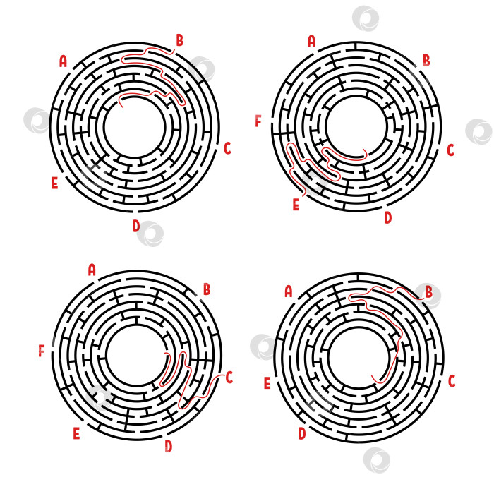 Скачать Набор круглых лабиринтов. Игра для детей. Головоломка для детей. Головоломка-лабиринт. Плоская векторная иллюстрация, изолированная на белом фоне. С ответом. фотосток Ozero
