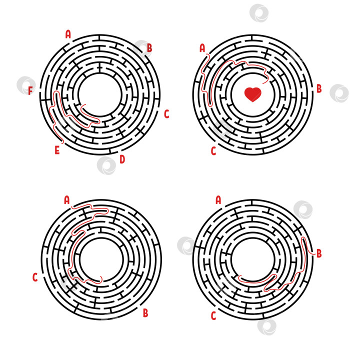 Скачать Набор круглых лабиринтов. Игра для детей. Головоломка для детей. Головоломка-лабиринт. Плоская векторная иллюстрация, изолированная на белом фоне. С ответом. фотосток Ozero