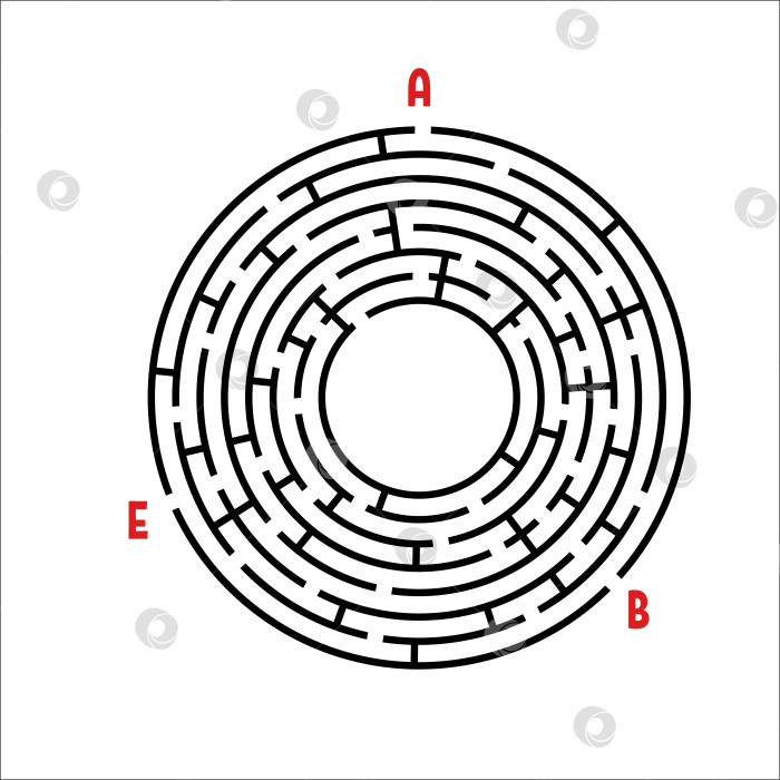 Скачать Черный круглый лабиринт. Игра для детей. Детская головоломка. Много входов, один выход. Головоломка-лабиринт. Простая плоская векторная иллюстрация, выделенная на белом фоне. С местом для вашего изображения. фотосток Ozero