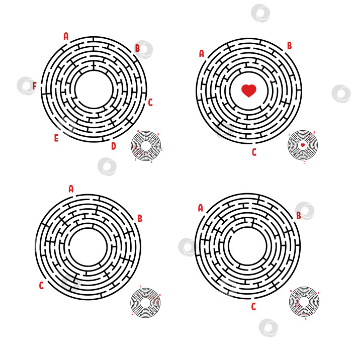 Скачать Набор круглых лабиринтов. Игра для детей. Головоломка для детей. Головоломка-лабиринт. Плоская векторная иллюстрация, изолированная на белом фоне. С ответом. фотосток Ozero